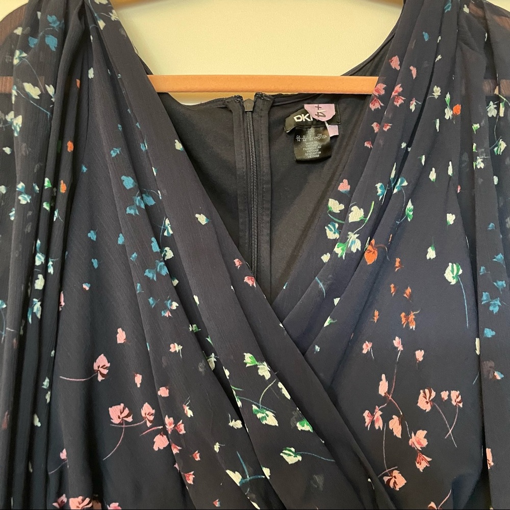 DKNY Navy Floral Balloon Sheer Sleeve Belted Georgette Faux Wrap sz 14